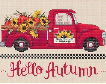 Counted Cross Stitch Pattern, Hello Autumn, Fall Decor, Autumn, Sunflowers, Primitive Decor, Farmstead, Sue Hillis Designs, PATTERN ONLY