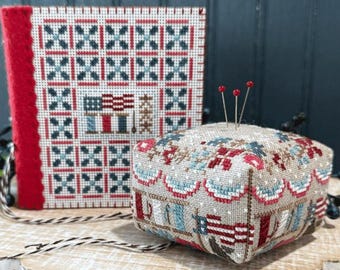 Counted Cross Stitch Pattern, Thread, White & Blue, Patriotic Decor, Pincushion, Needlebook, Hands on Design, PATTERN ONLY