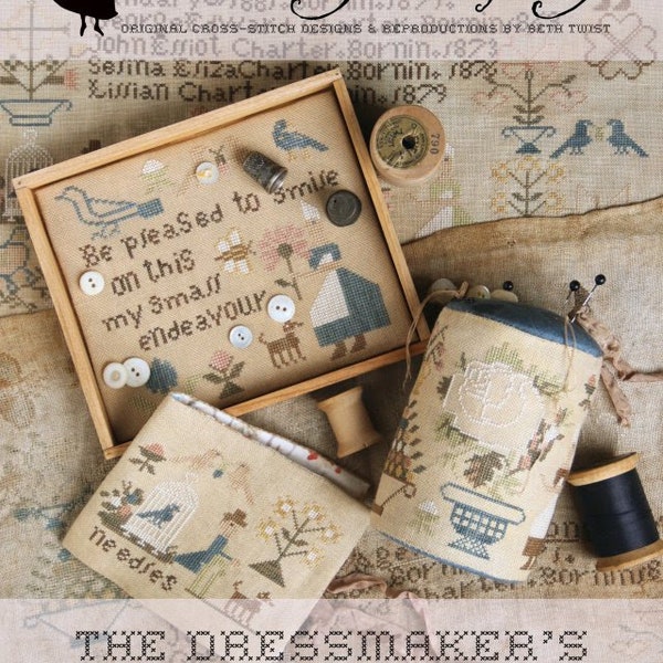 Counted Cross Stitch Pattern, The Dressmaker's Sewing Kit, Pin Drum, Needle Book, Tray Liner, Heartstring Samplery, PATTERN ONLY