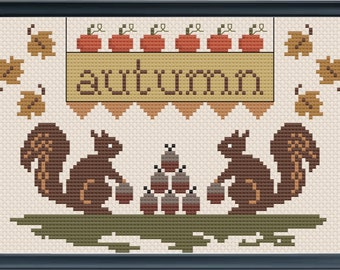 Counted Cross Stitch Pattern, Autumn Collector, Original Sampler, Autumn Decor, Squirrels, Acorns, Fox and Rabbit, PATTERN ONLY