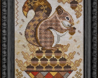 Counted Cross Stitch Pattern, Gathering Acorns, Squirrel, Acorns, A Time For All Seasons, Cottage Garden Samplings , PATTERN ONLY