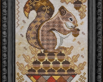 Counted Cross Stitch Pattern, Gathering Acorns, Squirrel, Acorns, A Time For All Seasons, Cottage Garden Samplings , PATTERN ONLY