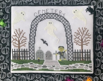 Counted Cross Stitch, Cemetery, Spooky Hollow Series, Halloween Decor, Goblin, Bats, Ghosts, Cottage Chic, Little Stitch Girl, PATTERN ONLY