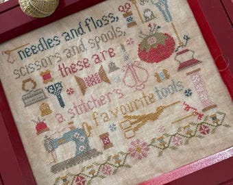 Counted Cross Stitch Pattern, A Stitcher's Tools, Sampler, Sewing Notions Motifs, Spools, Pansy Patch Quilts and Stitchery, PATTERN ONLY