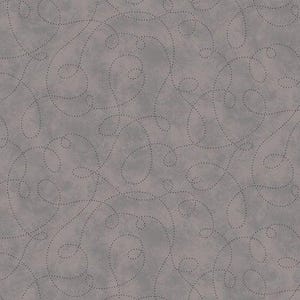 May include: A fabric with a muted gray background featuring a repeating pattern of dark gray dotted lines that form continuous, swirling, and looping shapes across the entire surface of the material.