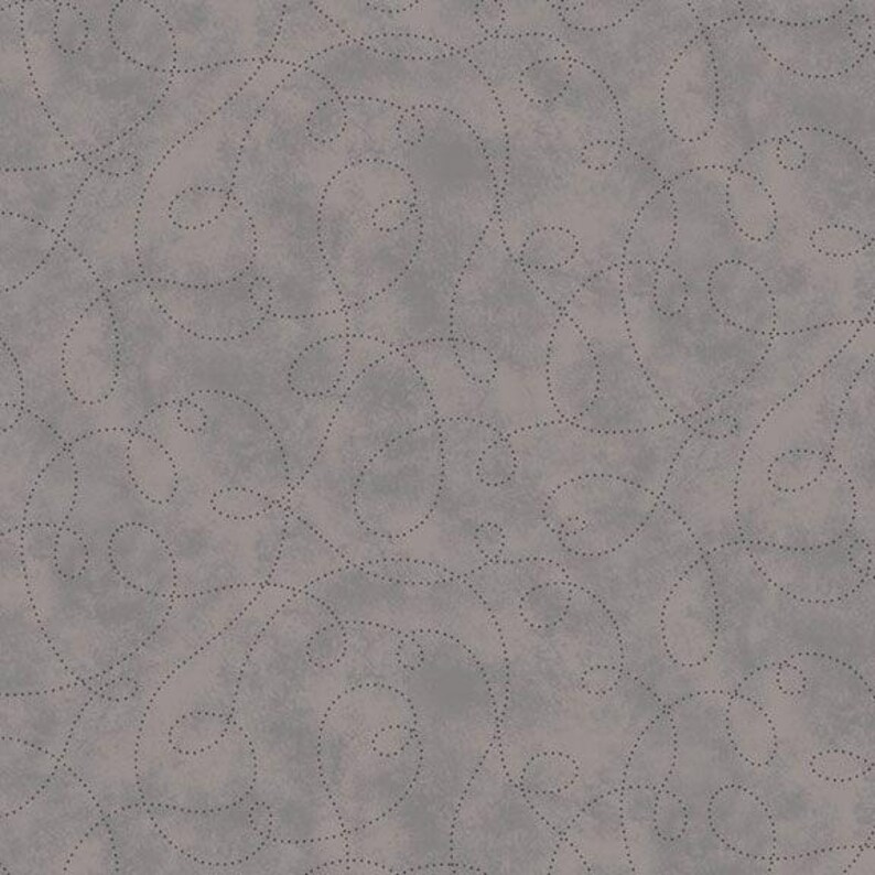 May include: A fabric with a muted gray background featuring a repeating pattern of dark gray dotted lines that form continuous, swirling, and looping shapes across the entire surface of the material.