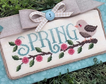 Counted Cross Stitch Pattern, Spring Perch, Flower Motifs, Bird Motif, Spring Decor, Skinny Tuck Pillow, Cherry Hill Stitchery, PATTERN ONLY