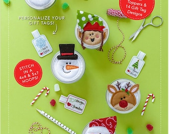 Machine Embroidery CD, Holiday Jar Toppers, Gift Tags, Santa, Elf, Snowman Reindeer, Gingerbread, Mouse, Embroidery CD, Kimberbell