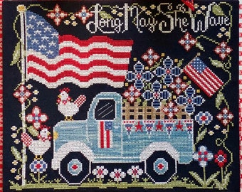 Counted Cross Stitch Pattern, Long May She Wave, Vintage Truck, Americana, Patriotic, Flag, Stitching Housewives, PATTERN ONLY