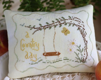 Counted Cross Stitch Pattern, A Country Day, Daisies, Butterfly, Rope Swing, Summer Decor, October House Fiber Arts, PATTERN ONLY