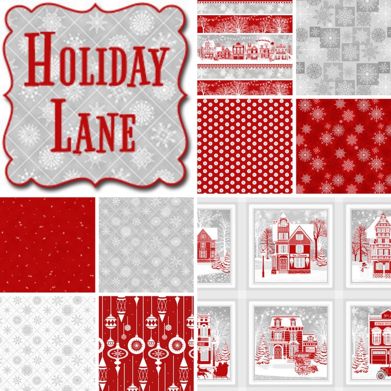 Quilt Fabric Holiday Lane Christmas Fabric Red & White image 1