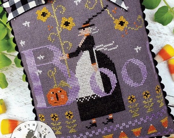 Cross Stitch Pattern, Hilda Boo, Sunflowers, Halloween Decor, Witch, Candy Corn, Pumpkin, Fall, Brenda Gervais, PATTERN ONLY