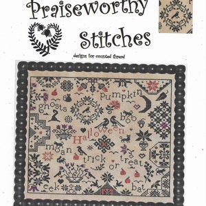 May include: A black and white counted cross stitch pattern for a Halloween themed design. The pattern includes images of pumpkins, ghosts, bats, cats, and other Halloween symbols. The text "Halloween" is included in the pattern. The pattern is titled "Praiseworthy Stitches, designs for counted thread".
