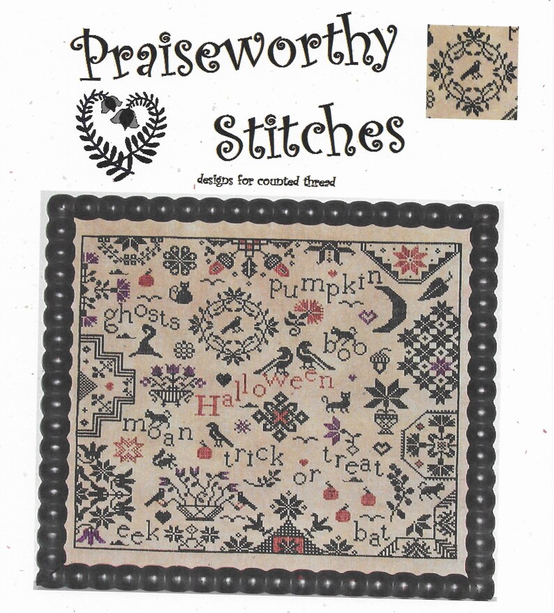 May include: A black and white counted cross stitch pattern for a Halloween themed design. The pattern includes images of pumpkins, ghosts, bats, cats, and other Halloween symbols. The text "Halloween" is included in the pattern. The pattern is titled "Praiseworthy Stitches, designs for counted thread".