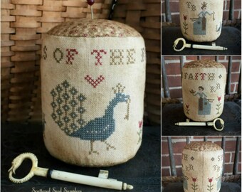 Counted Cross Stitch Pattern, Sisters of the Faith, Pinkeep Drum, Primitive Decor, Pin Keep, Scattered Seed Samplers, PATTERN ONLY