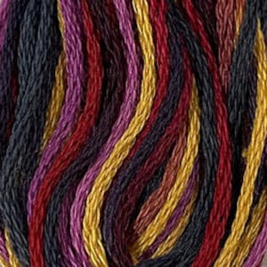 May include: A skein of embroidery floss in a variety of colors, including deep purple, burgundy, dark blue, and gold.