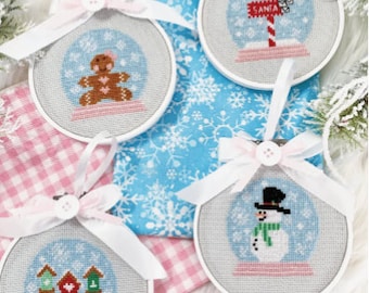 Counted Cross Stitch, White Christmas 2022, Christmas Decor, Gingerbread, Snow Globe Ornaments, Lindsey Weight, Primrose Cottage Stitches