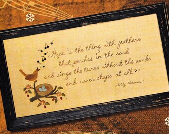 Wool Applique Pattern, Emily's Hope, Wool Applique Stitchery, Spring Decor, Primitive Decor, Framed Poem Verse, Nutmeg Hare, PATTERN ONLY