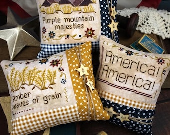 Counted Cross Stitch Pattern, America Trio,  Pillow Ornament, Bowl Filler, Pin Cushion, Needle & Moss, PATTERN ONLY