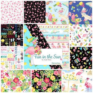 May include: A collection of fabric patterns with a tropical theme. Designs include pink flamingos, beach scenes, and floral arrangements. The text "Fun in the Sun" is displayed on a white card. The patterns are in various colors.