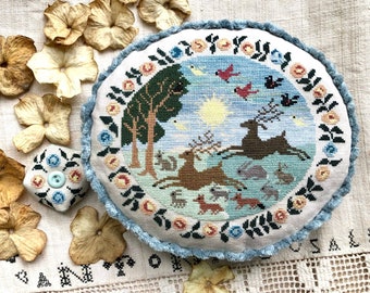 Counted Cross Stitch Pattern, Morningtide, Woodland Animals, Flower Motifs, Deer, Rabbits, Biscornu, Kathy Barrick, PATTERN ONLY