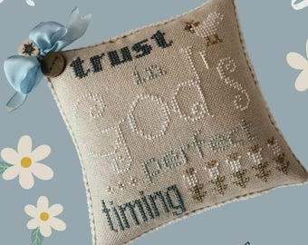 Cross Stitch Pattern, God's Timing, Inspirational, Religious Sampler, Bowl Filler, Tulips, Pillow Ornament, Finally a Farmgirl, PATTERN ONLY