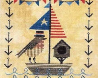 Counted Cross Stitch Pattern, Summer Sailing with Mr. Robin, Sailboat, Patriotic, Star, Banners, Anchors, Artful Offerings, PATTERN ONLY