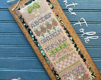 Cross Stitch Pattern, Winter Folk, Seasonal Alphabet Sampler, Winter Decor, Pine Cones, Deer, Hands On Design, PATTERN ONLY
