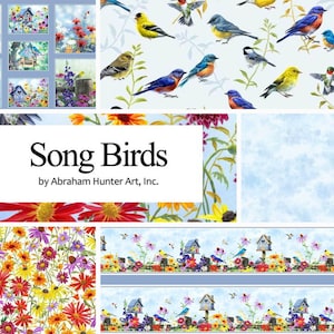 Quilt Fabric, Song Birds, Birdhouses, Bluebirds, Chickadees, Goldfinch, Garden Decor, Floral, Coneflowers, Abraham Hunter Art, P&B Textiles