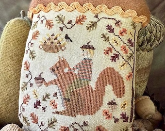 Counted Cross Stitch Pattern, Going to Gather Acorns, Leaf Motif Border, Pillow Ornament,  Running with Needles & Scissors, PATTERN ONLY