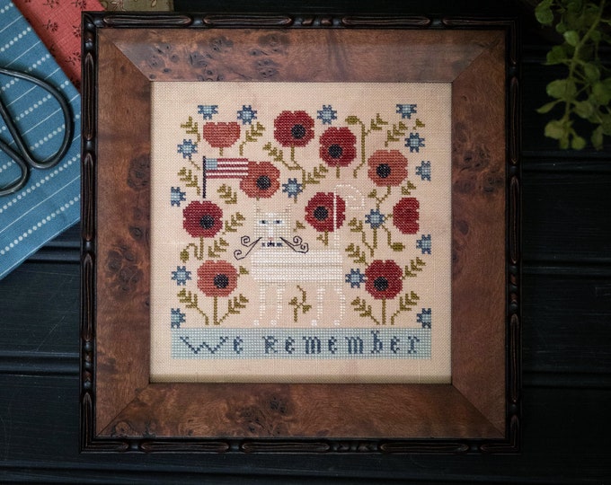 Featured listing image: Counted Cross Stitch Pattern, We Remember, Patriotic Decor, Summer Decor, Poppies, Americana, Plum Street Sampler, PATTERN ONLY