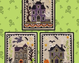 Counted Cross Stitch Pattern, Haunted House Trio, Halloween Decor, Black Cat, Bat, Jack O'Lantern, Waxing Moon Designs, PATTERN ONLY