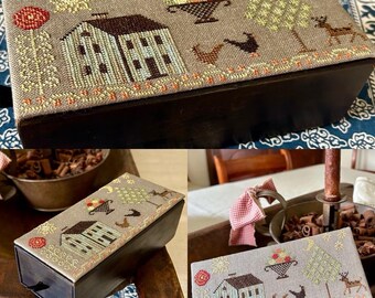 Counted Cross Stitch Pattern Kit, My Humble Homestead, Unfinished Chipboard Drawer, Floss, Linen, Running with Needles & Scissors, KIT ONLY