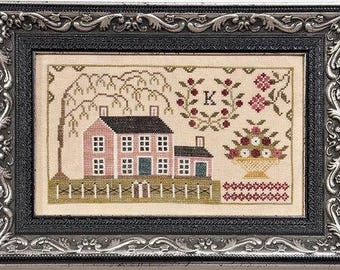 Counted Cross Stitch Pattern, Audie's Pink House, Original Sampler, Spring Decor, Country Rustic, Flowers, Fox and Rabbit, PATTERN ONLY