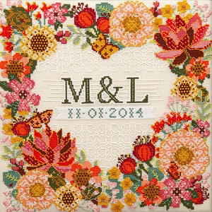Pu&ograve; includere: Un ricamo floreale a punto croce con sfondo color crema e bordo floreale quadrato nei toni del rosso, arancione, rosa e giallo. Il disegno include le iniziali "M & L" e la data "11-01-2014".