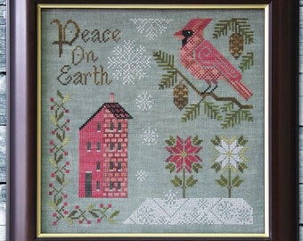 Counted Cross Stitch Pattern, Peace on Earth, Cardinal, Saltbox House, Christmas, Inspirational, Folk Art, Cottage Garden, PATTERN ONLY