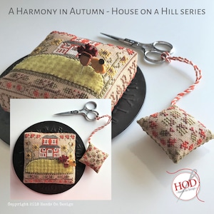 Cross Stitch Pattern, A Harmony in Autumn, Fall Decor, Autumn Decor, Pumpkins, House on a Hill, Pincushion, Hands on Design, PATTERN ONLY