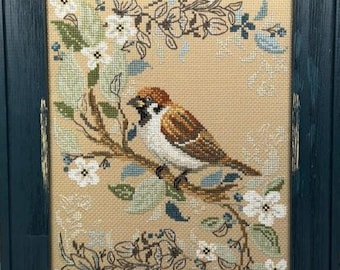 Counted Cross Stitch, Birds in Nature, Sparrow, Spring Decor, Blossoms, Tree, Pillow, Bird Motif,  Erin Elizabeth Designs, PATTERN ONLY