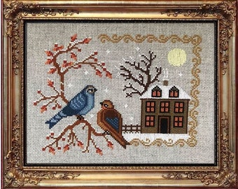 Cross Stitch Pattern, Winter Birds, Holiday Decor, Birds, Winter Decor, Snowy Scene, Twin Peak Primitives, PATTERN ONLY