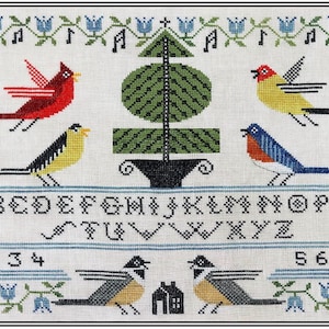 Counted Cross Stitch Pattern, Songbird Sampler, American Goldfinch, Bluebird, Chickadees, Garden Decor, Artful Offerings, PATTERN ONLY