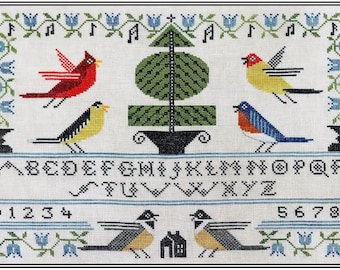 Counted Cross Stitch Pattern, Songbird Sampler, American Goldfinch, Bluebird, Chickadees, Garden Decor, Artful Offerings, PATTERN ONLY