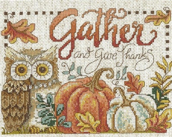 Counted Cross Stitch Pattern, Gather & Give Thanks, Thanksgiving Decor, Autumn Decor, Owl, Diane Arthurs, Imaginating, PATTERN or KIT ONLY