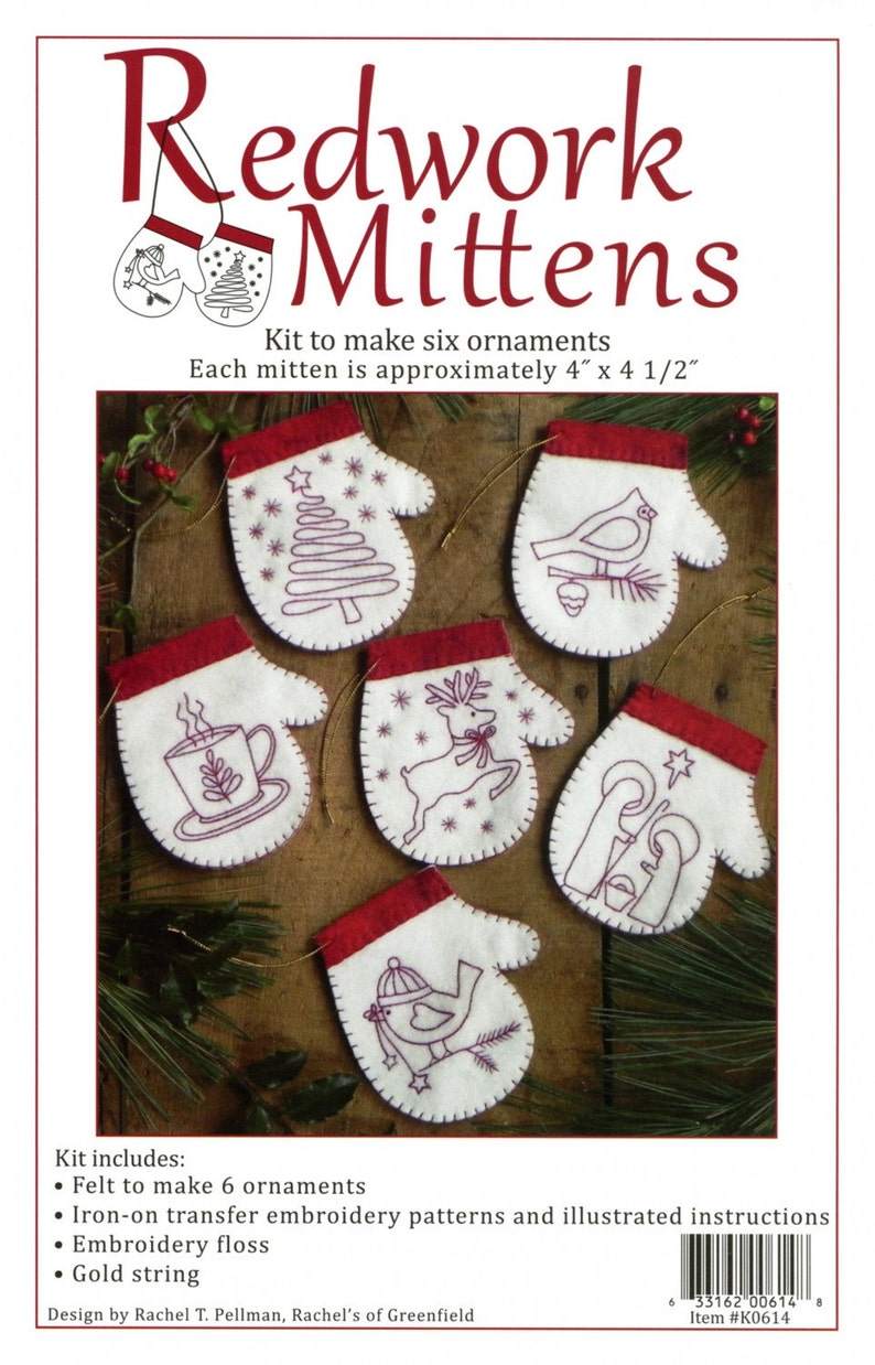 Redwork Embroidery Pattern and Kit, Redwork Mittens, Christmas Mitten Ornaments, Redwork Stitchery, Rachel's of Greenfield, PATTERN AND KIT image 3