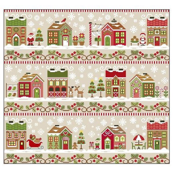 Counted Cross Stitch, Santa's Village, Santa, Poinsettia, Reindeer, Christmas Decor, Country Cottage Needleworks, PATTERN & BUTTON ONLY