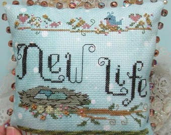 Counted Cross Stitch Pattern, New Life, Spring Series, Pillow Ornament, Bird Motif, Carolyn Robbins, KiraLyns Needlearts, PATTERN ONLY