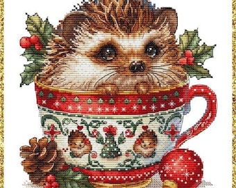 Counted Cross Stitch Pattern, Christmas Animal Cups, Hedgehog, Christmas Decor, Teacup, Holly, Les Petites Croix de Lucie, PATTERN ONLY