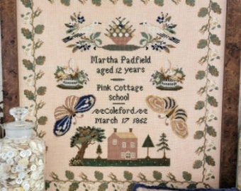 Counted Cross Stitch Pattern, Pink Cottage School, Reproduction Sampler, Pin Cushion, Hello From Liz Mathews, PATTERN ONLY