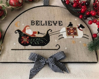 Counted Cross Stitch Pattern, Believe in Santa, Santa, Sled, Sheep, Christmas Decor, Holiday Ornament, Twin Peak Primitives, PATTERN ONLY