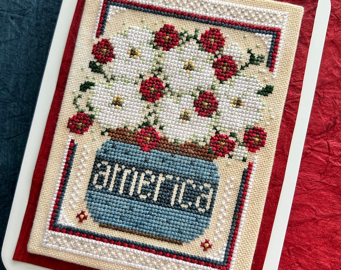Featured listing image: EXCLUSIVE, Counted Cross Stitch Pattern, Patriotic Petunias, Americana, Patriotic Decor, Garden Decor, Sweet Wing Studio, PATTERN ONLY