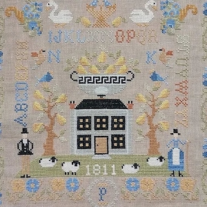 May include: Cross stitch pattern featuring a small house with a white door and windows, surrounded by trees, birds, and flowers. The text "Will You Open Your Door" is stitched above the house.